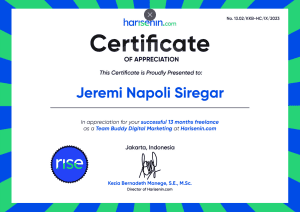 sertifikat Jeremi Napoli Siregar - team buddy di harisenin selama 13 bulan.