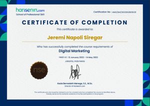 Sertifikat Bootcamp Digital Marketing - Jeremi Napoli Siregar - https://www.harisenin.com/