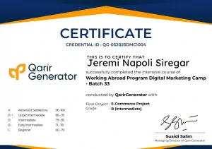 Sertifikat Jeremi Napoli Siregar - WAA Digital Marketing by Qarir Generator.